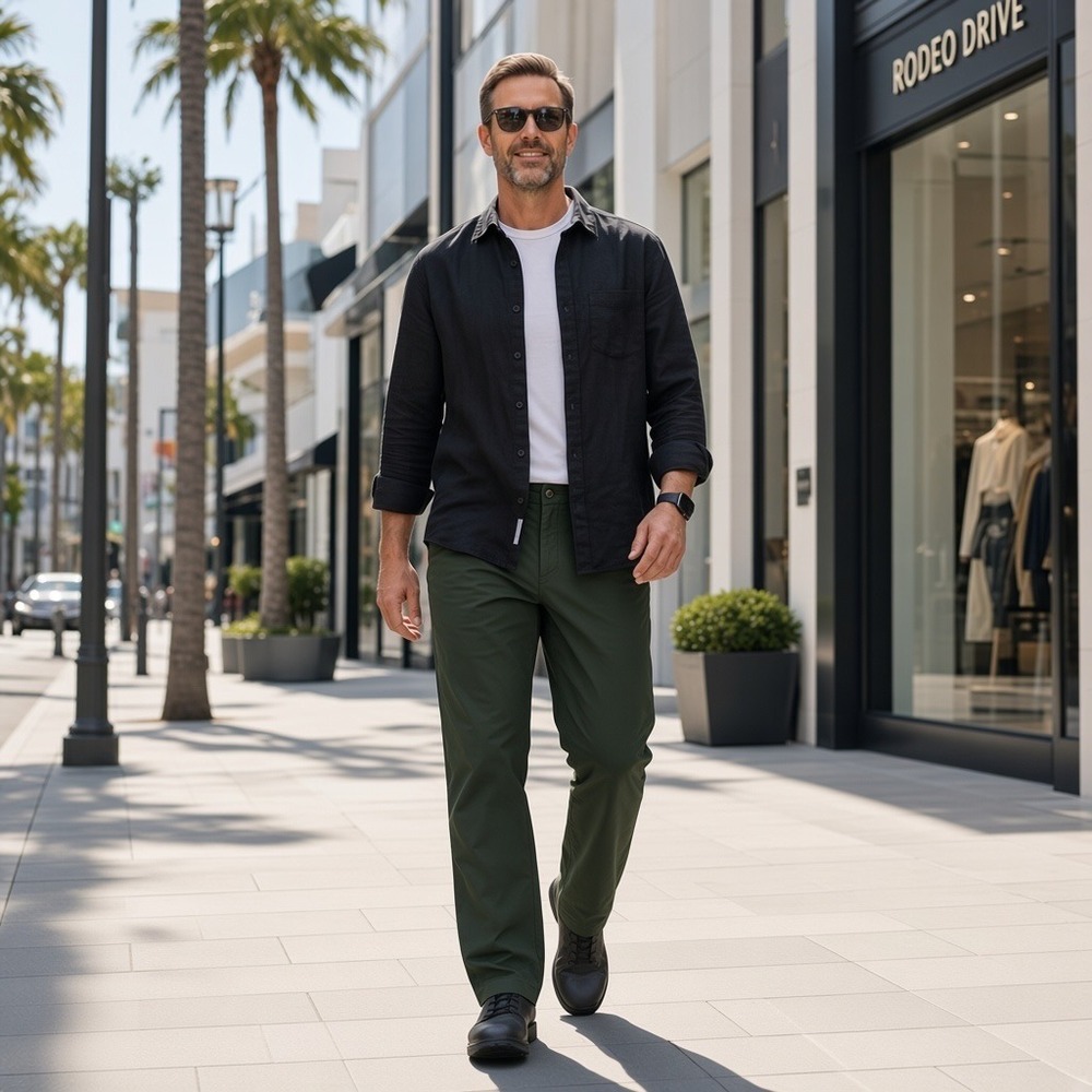 COS Mens Wool Blend Elastic Waist Trousers Dark Green Straight Leg Pants 3064
